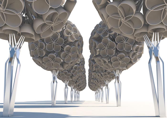Image 3d d'arbres créés à base de cuillères et de fourchettes