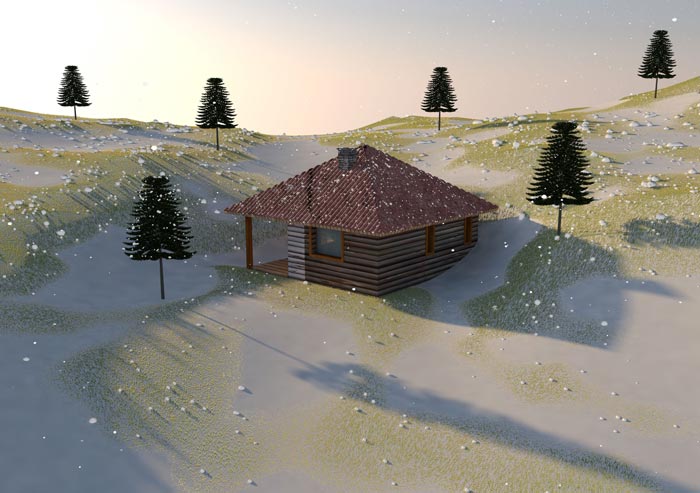 Image 3d d'une maison enneigée dans la montagne